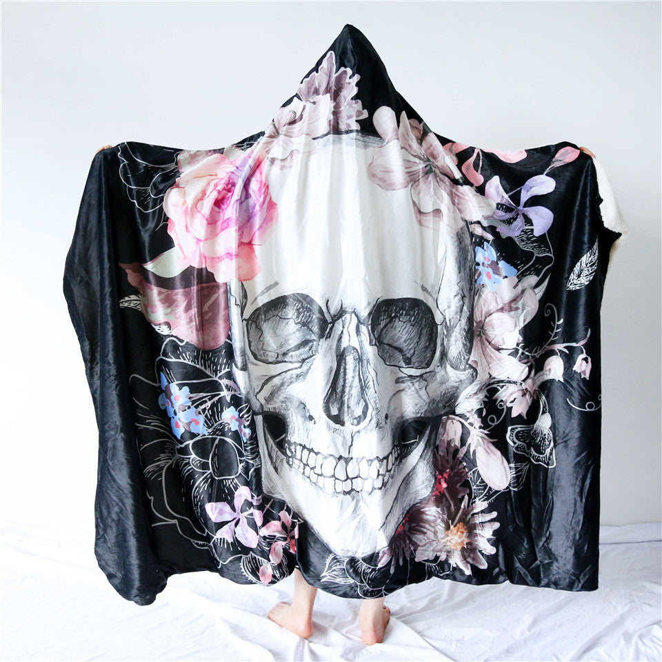 Skull Flower Hooded Blanket for Adults
