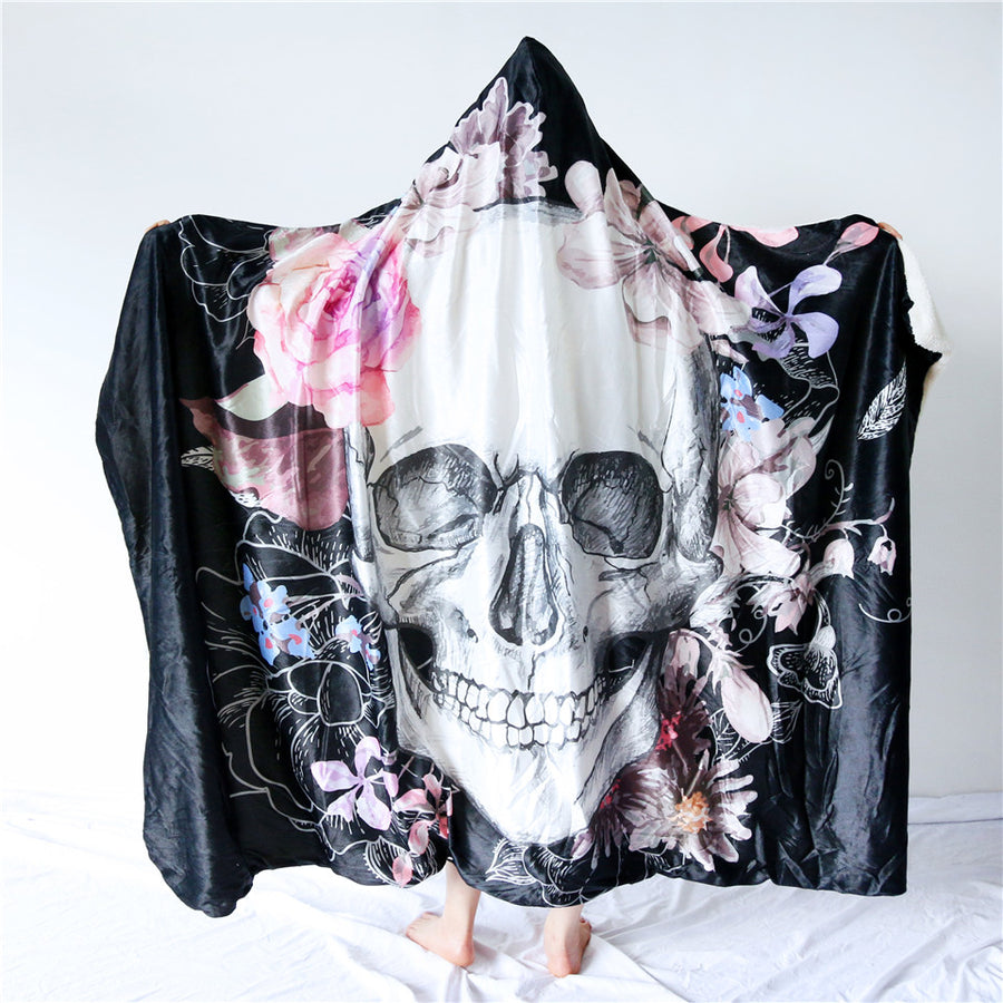 Skull Flower Hooded Blanket for Adults